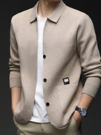 Men'S Lapel Single-Button Knit Cardigan, Spring/Autumn Outerwear, Winter Layering, Long Sleeve, Ribbed Cuffs And Hem - SINBOS - Beige Camel