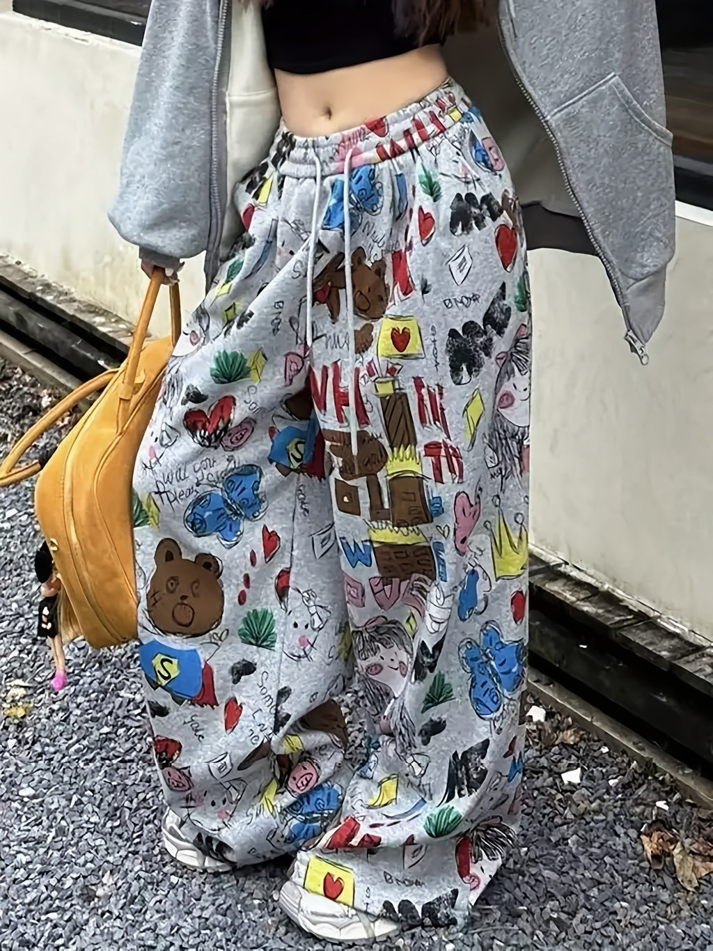 Printed Design – Not Textured, European and American Style Cartoon Print Women's Casual Loose High-Waist Drawstring Pocket Design Casual Pants, Long Pants, Wide-Leg Pants, Mixed Colors, Multiple Sizes Available - Mixed colors