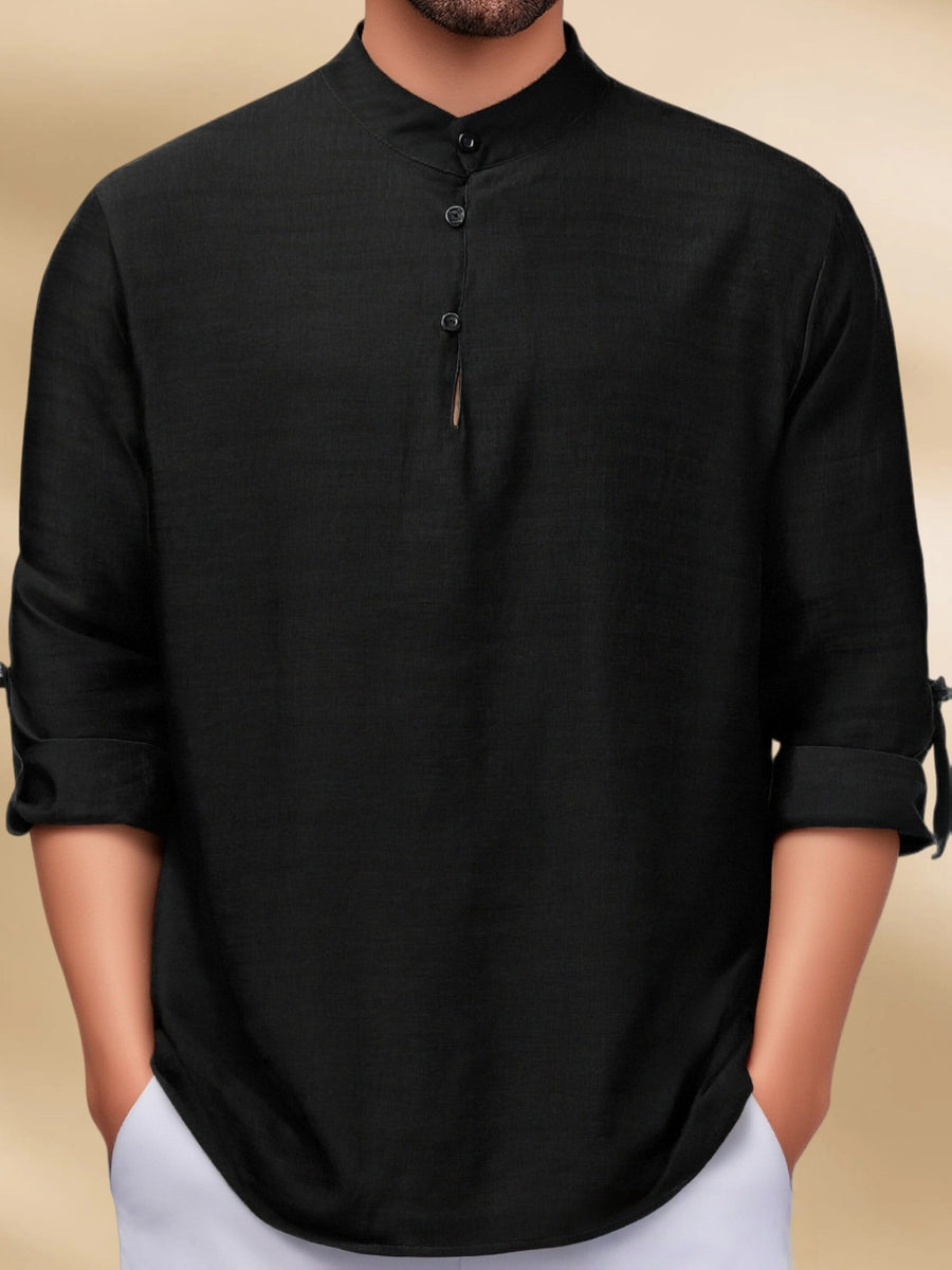 Men'S Fashion New Spring And Autumn Tops Featuring a Stand Collar Henley Shirt, with a Half-Open Single Row of Buttons, Perfect for Outdoor Beach Wear - Black