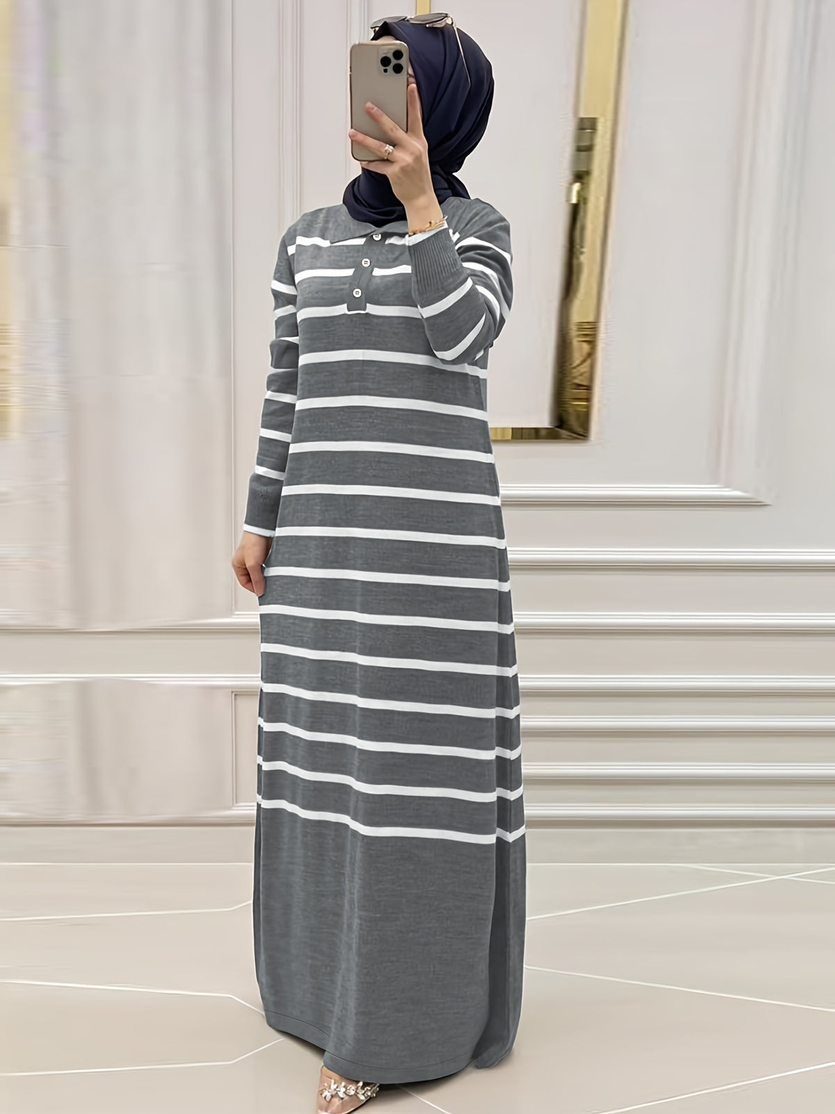 Ladies Middle Eastern Muslim Striped Dress - Grey