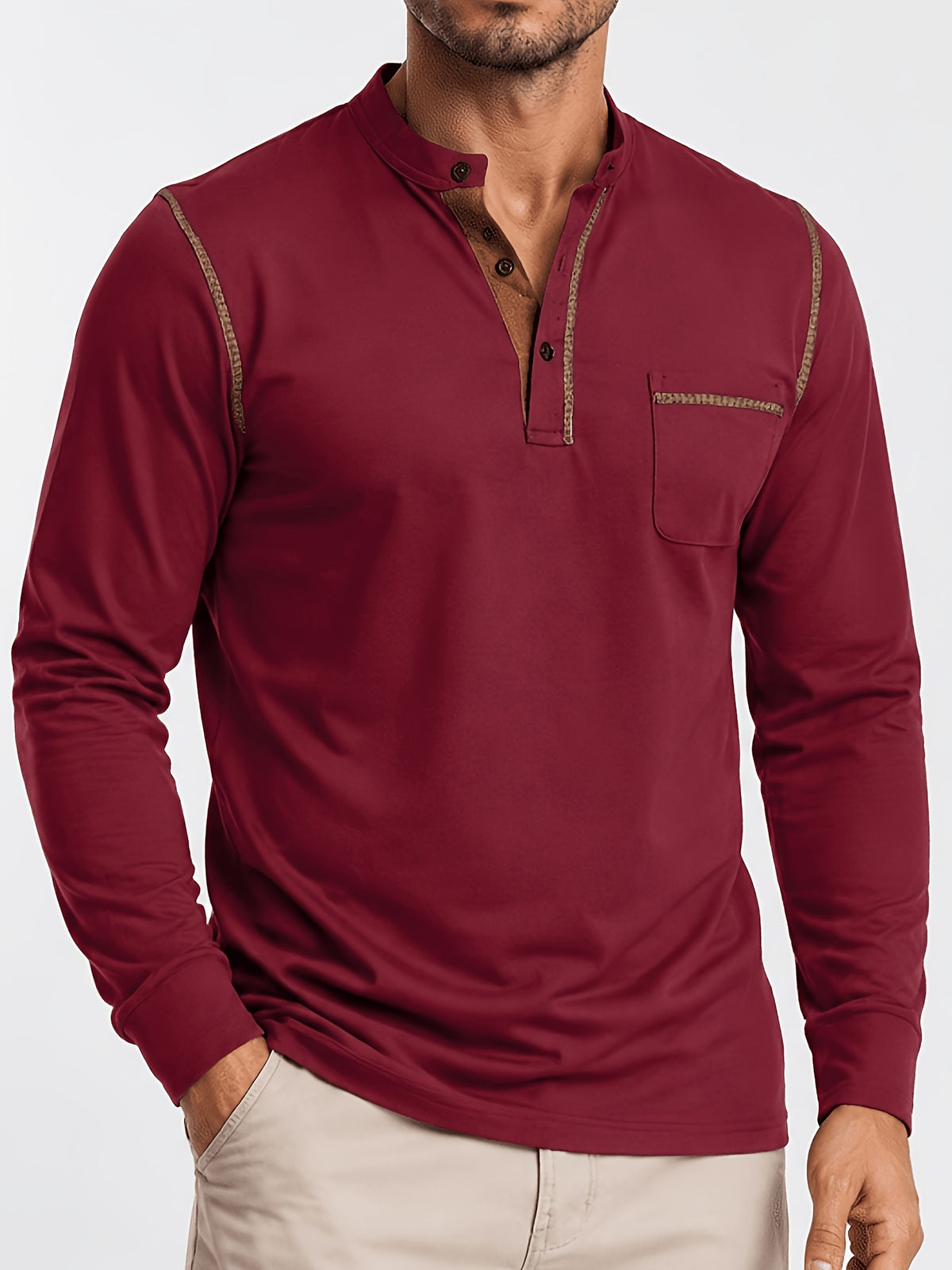 2pcs Men'S Autumn Winter Stand-Collar Long Sleeve Henley Shirts, Contrast Color Pinstripe Polo Shirts with Pockets, Soft And Breathable Sweat-Absorbing, Business Casual Basic Long Sleeve Top, Skin-Friendly Soft Fabric Comfortable, Sweat-Resistant - Wine Red+Navy Blue