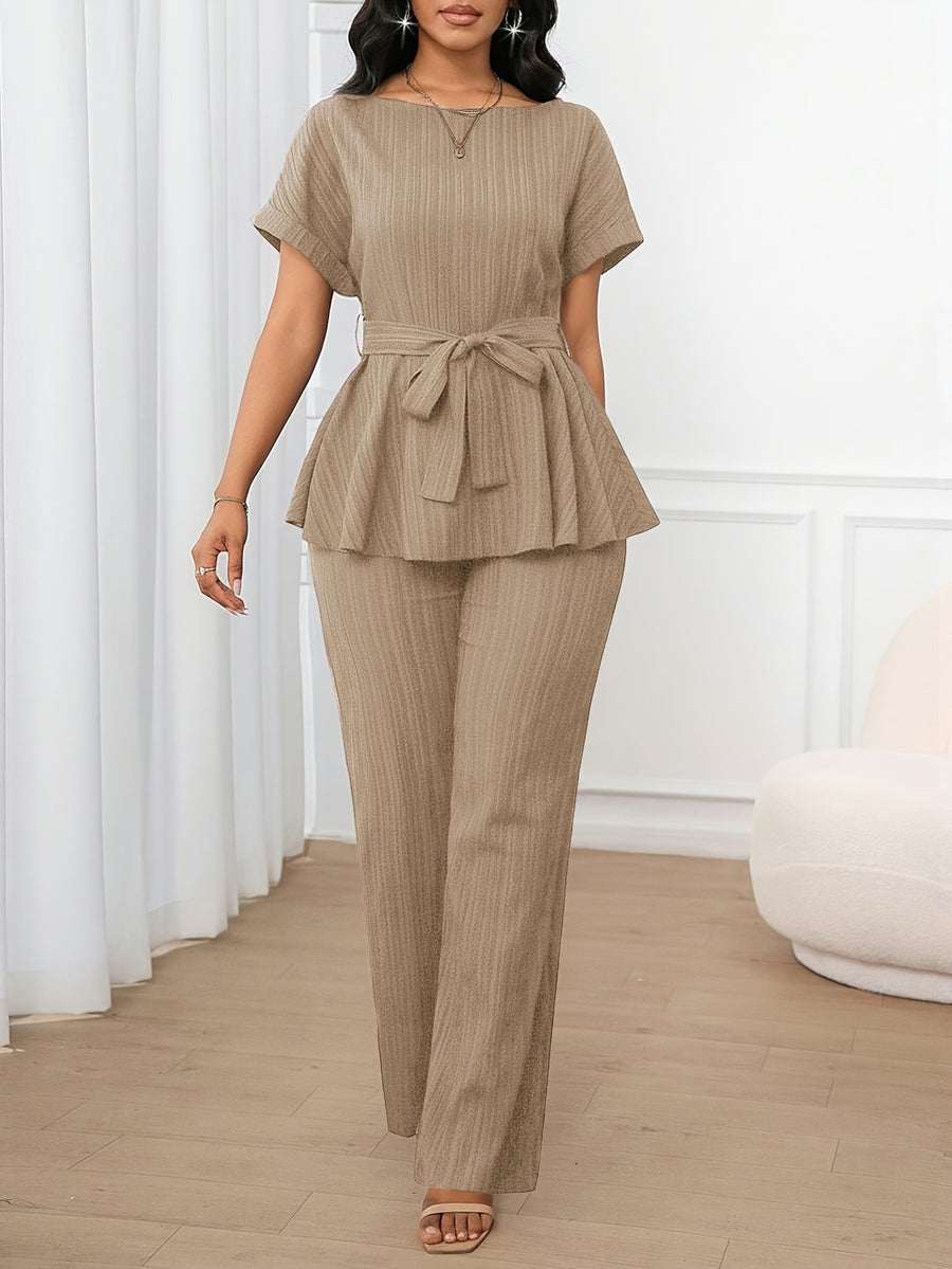 Women'S 2pcs Set, 1pc Short Sleeve Top And 1pc Loose Straight Pants Suitable for Spring Summer Wear - Apricot