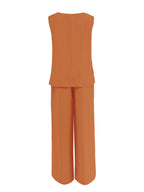 Women's Casual 2pcs Set Solid Color Loose Sleeveless V-Neck Tank Top + Wide-Leg Pants - Tangerine