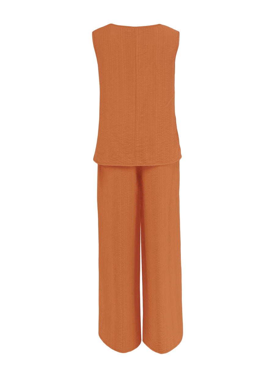 Women's Casual 2pcs Set Solid Color Loose Sleeveless V-Neck Tank Top + Wide-Leg Pants - Tangerine