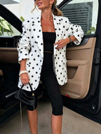 YYTT 2026 New Women's Style 26030# European and American Style Polka Dot Blazer, Elegant and Temperamental Loose Fit Single-Breasted Top, 1pc Versatile Commuter Outerwear. White Base with Black Polka Dots, Featuring a Vintage Elegance - White