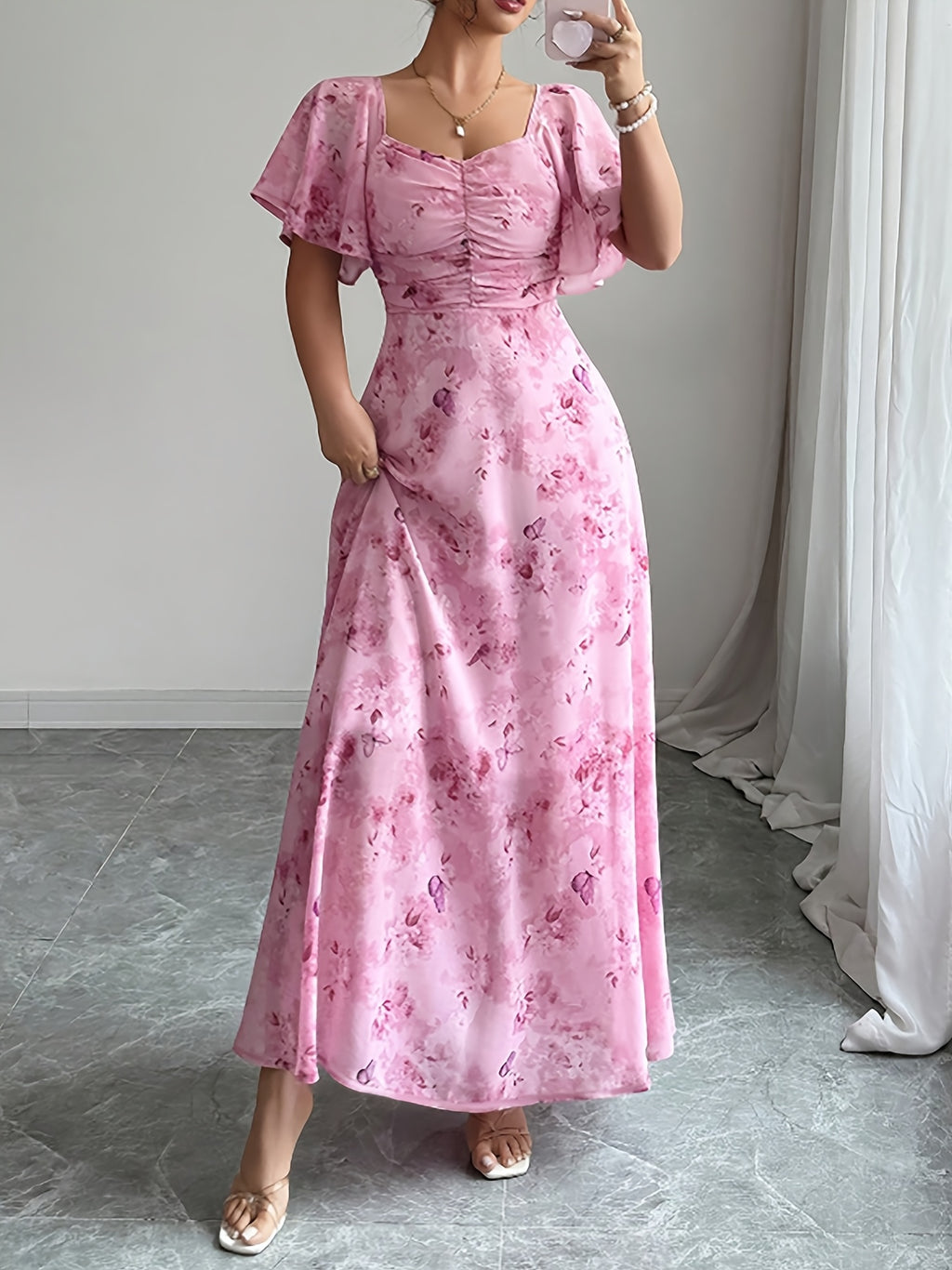 Women'S Elegant Exquisite Date Party Attire Square Neck Ruffle Sleeve Floral Print Tailored Waist-Cinched A-Line Fashionable Romantic Wedding Guest Graduation Birthday Evening Gown Bridesmaid Dress - Pink