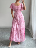 Women'S Elegant Exquisite Date Party Attire Square Neck Ruffle Sleeve Floral Print Tailored Waist-Cinched A-Line Fashionable Romantic Wedding Guest Graduation Birthday Evening Gown Bridesmaid Dress - Pink