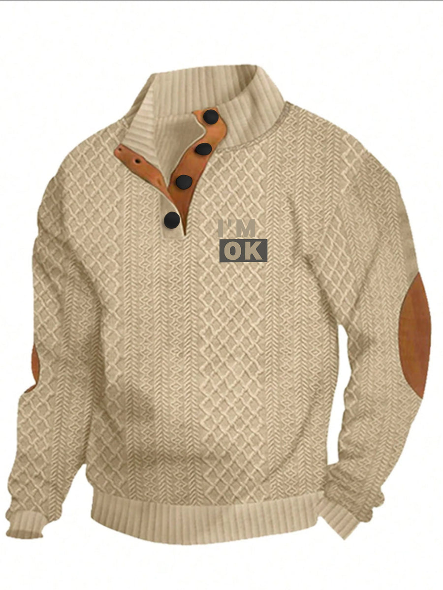 1pc Men'S Stand-Up Collar Jacquard Knit Henley Shirt, Mature Retro Mock Neck Pullover Polo, Random Texture Color-Block Neckline Jacquard Patchwork Design, Suitable for Outdoor Casual Sports Wear, Can Be Used As a Men'S Birthday Gift - Apricot