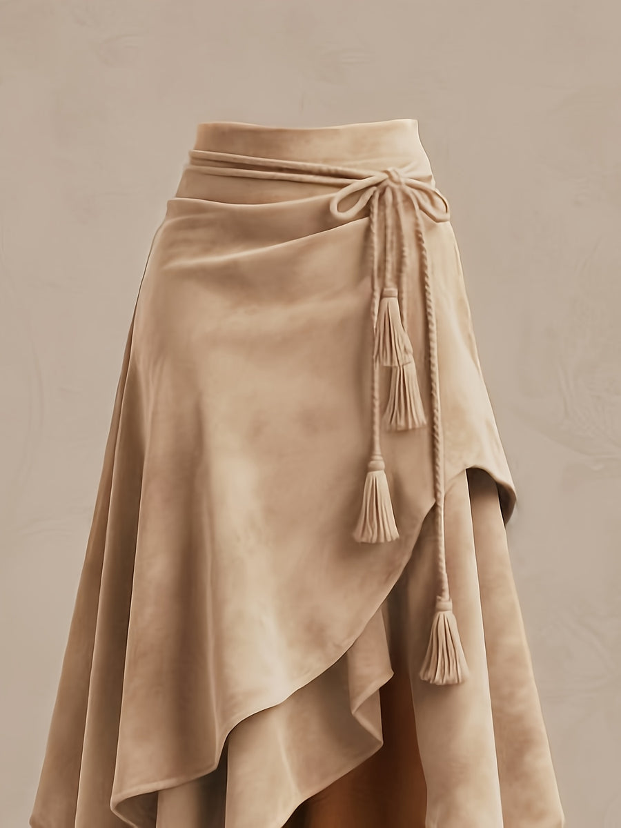 Vintage Western Style Irregular Midi Skirt with Tie-Waist and Tassel Decoration--ZLLZ - Camel