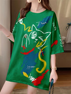 Summer New Fashion Trend Large Size Women'S Slim Loose Medium Long Cartoon Short-Sleeved T-Shirt - K17-G