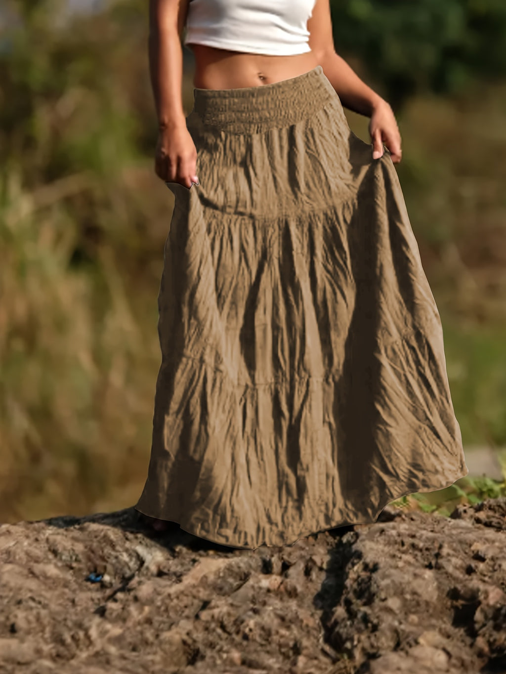 Women's Casual Western-Style Long Pleated Skirt with Drawstring Waist, Multi-Layer Texture for Vacation, Leisure, and Daily Wear - Bronze