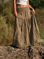 Women's Casual Western-Style Long Pleated Skirt with Drawstring Waist, Multi-Layer Texture for Vacation, Leisure, and Daily Wear - Bronze
