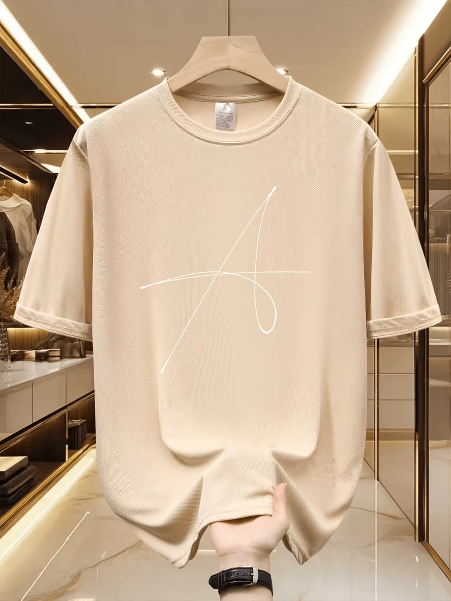 Handwritten Style Letter A Print T-Shirt, Minimalist Line Short Sleeve - Apricot 1