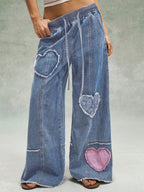 Retro Frayed Heart Patchwork Wide-Leg Denim Jeans with Drawstring Elastic Waist Design Loose Drapey Floor-Length Casual All-Match Casual Trousers - Blue