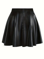 52315# Autumn And Winter Faux Leather Skirt High Waist Pleated Skirt - Black