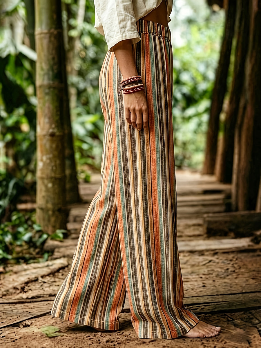 Bohemian Style Color-Block Striped Wide-Leg Pants, High-Waist Flowy Loose Beach Vacation Casual Trousers - Mixed colors