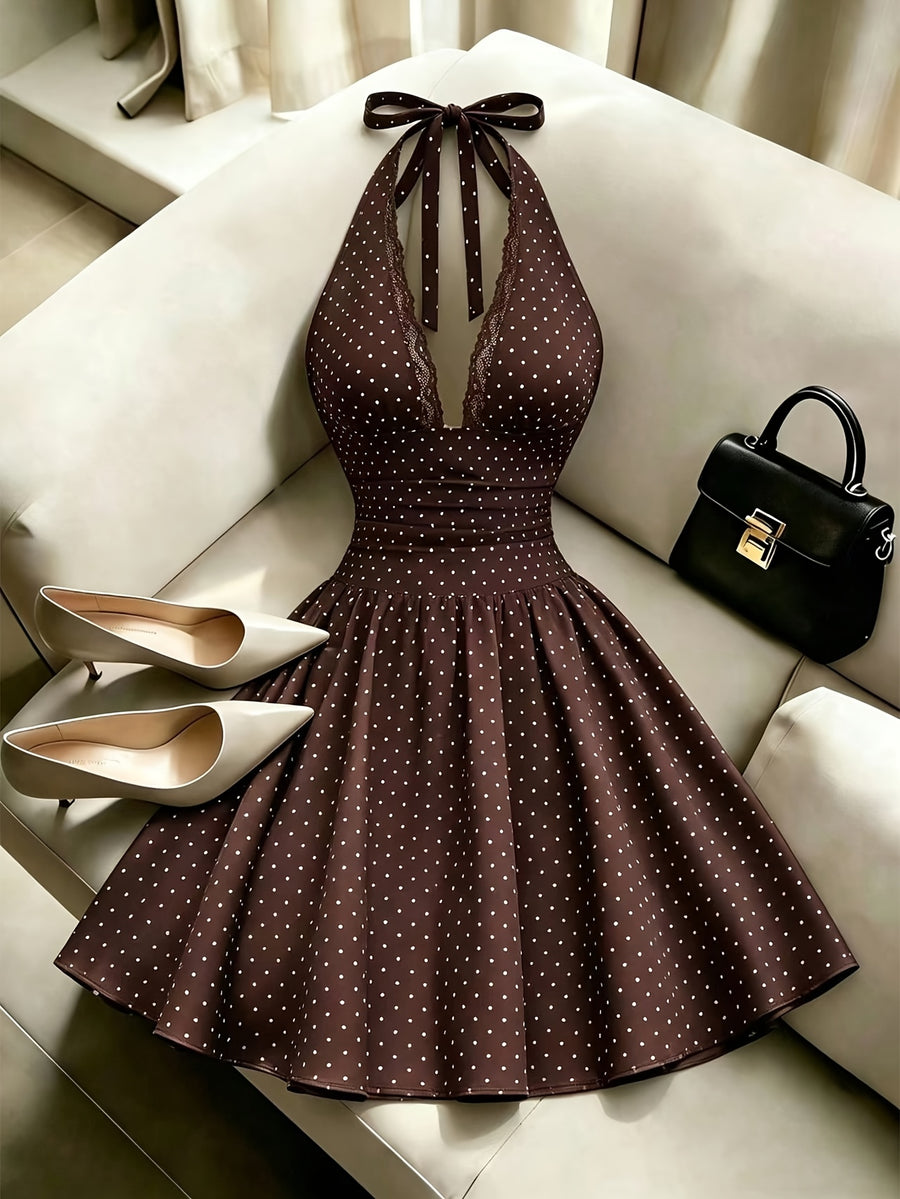 Women'S Summer New French Elegant Fashion Lace Trim Polka Dot Print Back Smocked Waist A-Line Halter Dress - Mixed colors