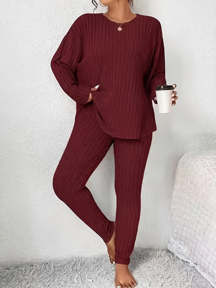 Solid Color Long-sleeved Top and Trousers Casual Everyday Set - Burgundy