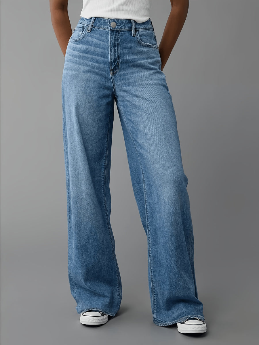 2026SS Dreamy Draped Non-Stretch Ice Blue Loose Wide-Leg Straight-Leg Jeans High-Waist Casual - Peacock Blue