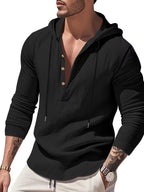 Spring Summer Men'S Linen Color-Block Drawstring Hooded Half-Button Retro Button Long Sleeve Henley Shirt Cuffs Can Be Rolled Loose Thin Breathable Pullover Top Beach Vacation All-Match Men'S Casual Vacation Long Sleeve Top - Black
