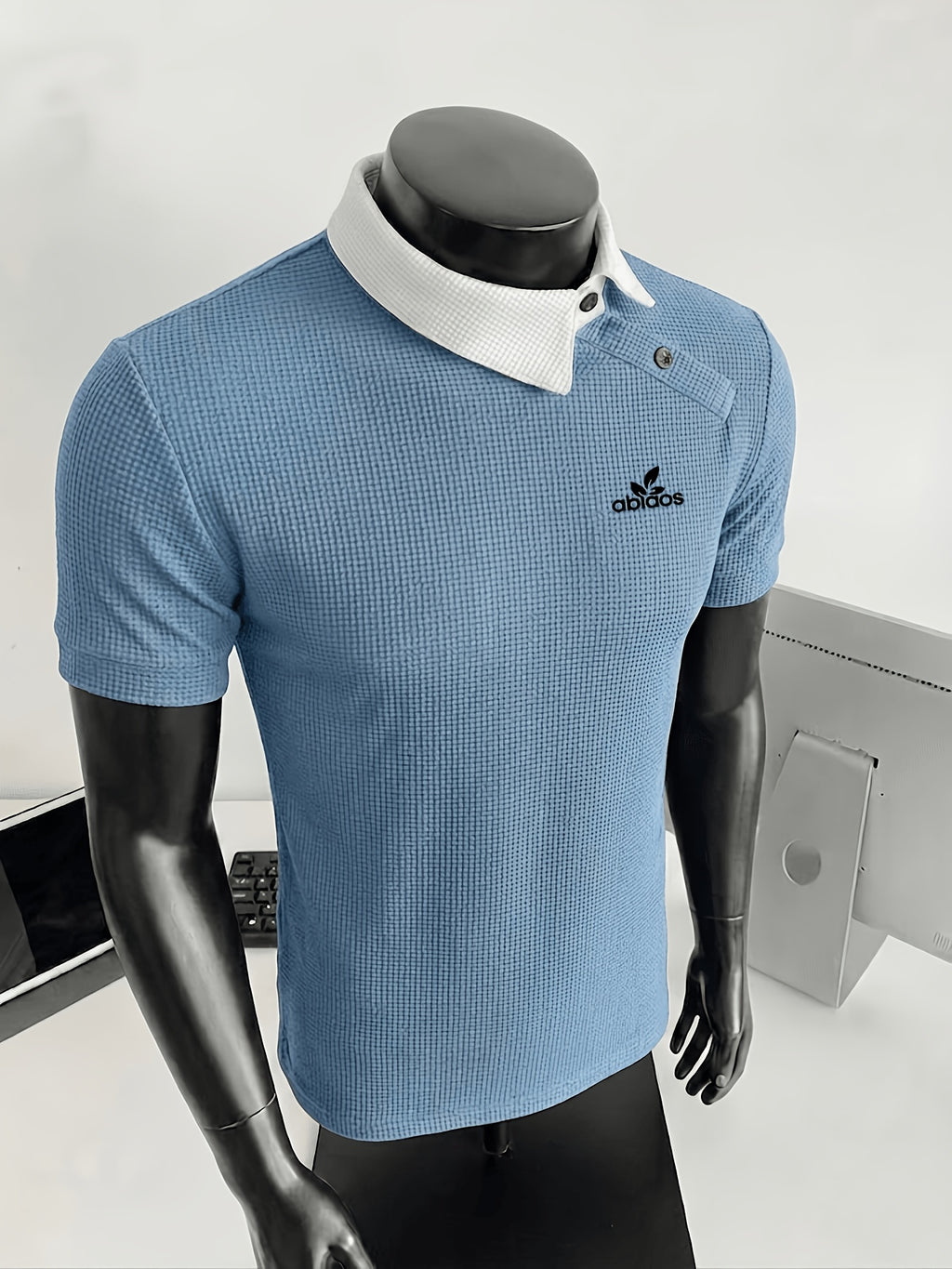 New Design Color-Blocked Slant Collar Short-Sleeve T-Shirt for Men, Summer Trendy  Irregular Collar Business Casual White Letter Print Polo - Sky Blue