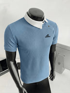 New Design Color-Blocked Slant Collar Short-Sleeve T-Shirt for Men, Summer Trendy  Irregular Collar Business Casual White Letter Print Polo - Sky Blue