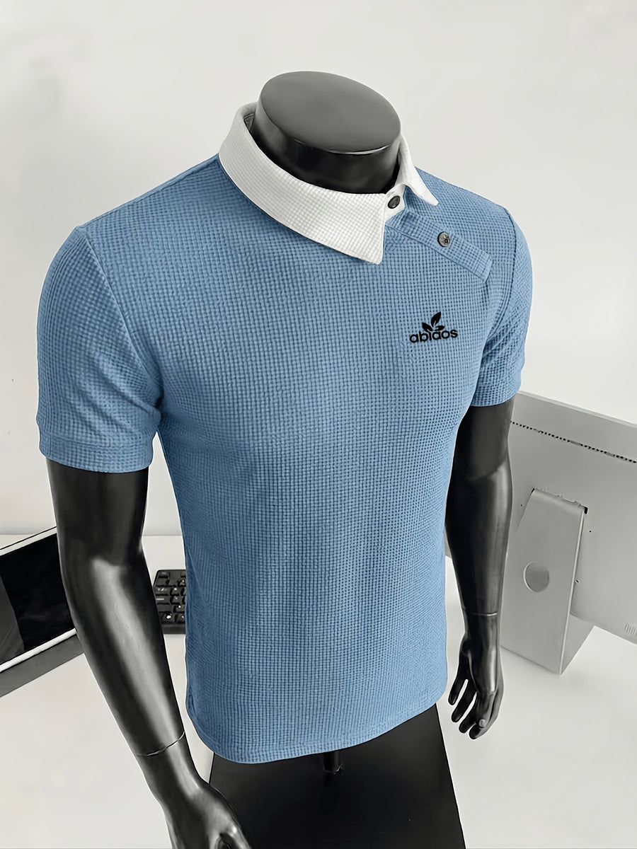 New Design Color-Blocked Slant Collar Short-Sleeve T-Shirt for Men, Summer Trendy Irregular Collar Business Casual White Letter Print Polo - Sky Blue