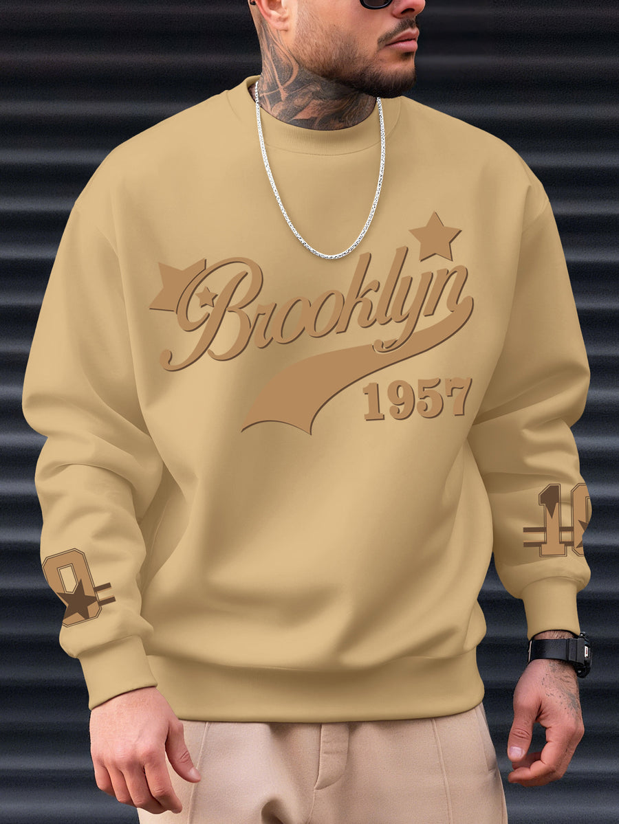 Western Adult Brooklyn 1957 Retro Star Logo Sweatshirt, American Street Oversized Style Heavyweight Texture Men'S Essential, Suitable for Shopping, Gatherings, Outdoor Activities, Daily Commuting, Machine Washable, Autumn Essentials - Khaki