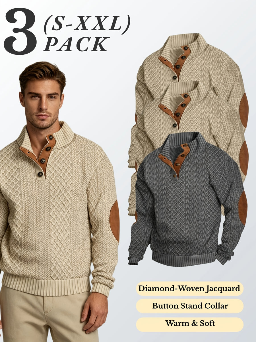 3pcs Men'S Textured Jacquard Knit Sweater Retro Casual Button-Up Stand Collar Long Sleeve Top for Autumn Winter Outing Home Versatile Basic Solid Color - Khaki 2 + Dark Gray