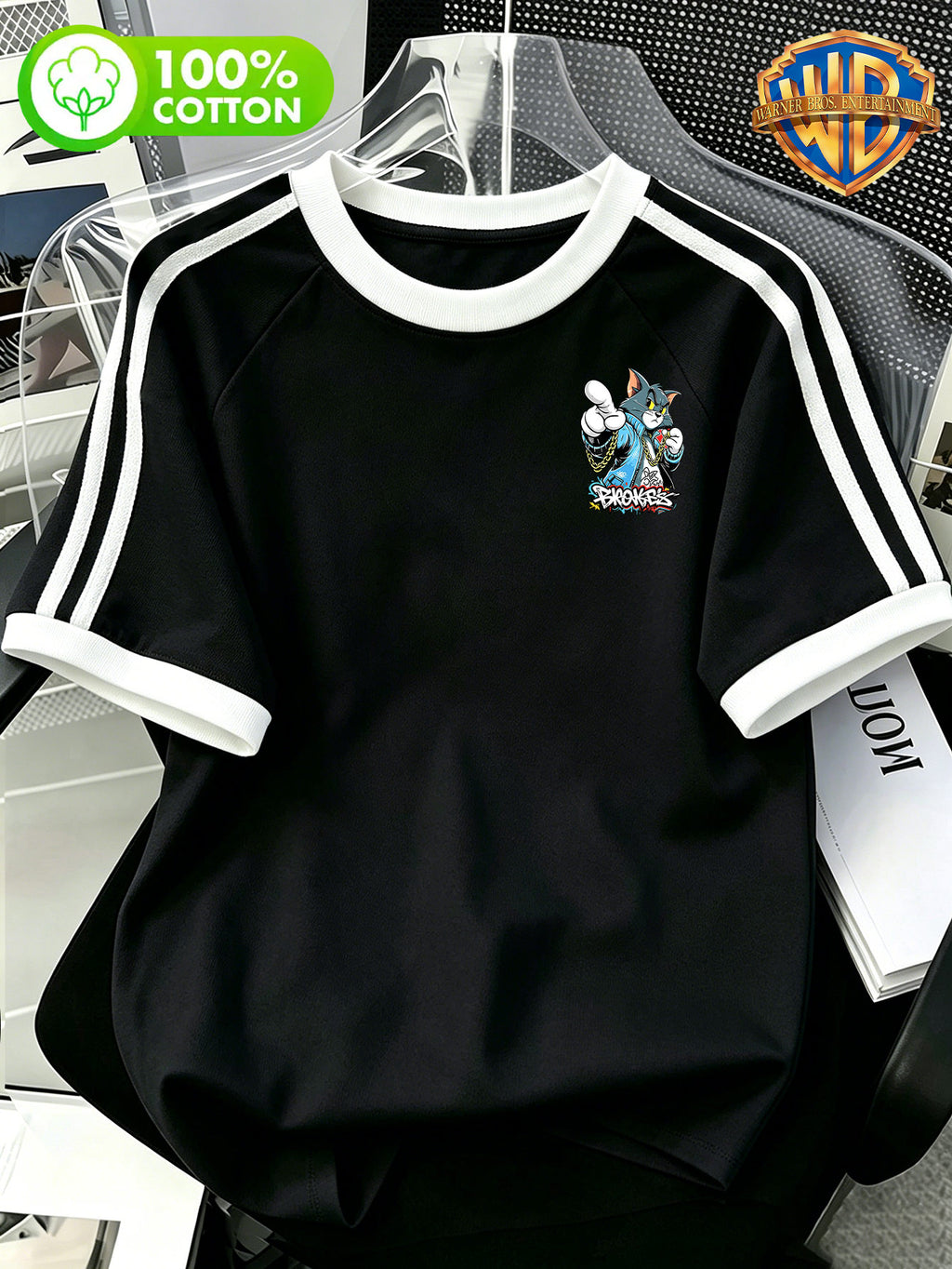 Cartoon Print Double Stripe Color-Block T-Shirt, Men'S Style, 100%, Machine Washable - Casual Comfortable, Diverse Styles, Loose Fit, Summer Short Sleeve - Black