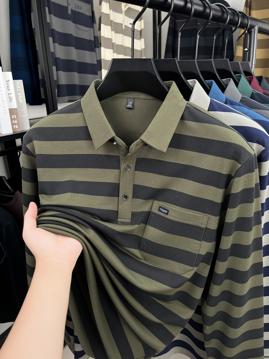 Minimalist Urban Striped Long-Sleeve Polo Shirt for Portable Daily Commuting - Army Green