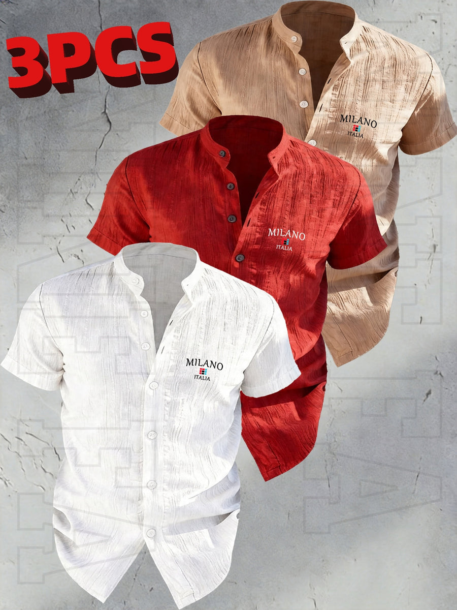 Josh Rose OBOM | Lightweight and Breathable Solid-color Button- Shirt with Geometric Pattern, Featuring a Simple Stand-up Collar Design. Suitable for Beach Vacations, Pool Parties, and Casual Wear. Comfortable and Simple for Daily Outings - White+Red+Ocher