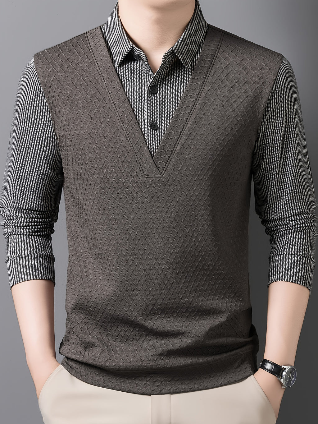 New Spring And Autumn Square-Neck Pullover for Men, a Business Casual Top for Middle-Aged Dads, Skin-Friendly And Comfortable, Made of Soft Fabric, Regular Fit Clothing 1119 - Coffee Brown