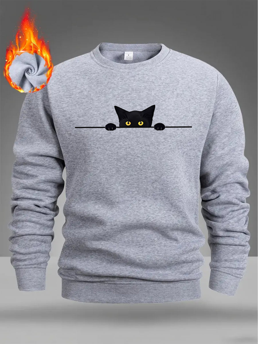 Men'S Stylish Print Sweatshirt Featuring a Cute Cat Design, Trendy Long-Sleeve Top, Round-Neck Sweatshirt, Streetwear Fashion, Perfect for Holiday Gifts - Light Grey