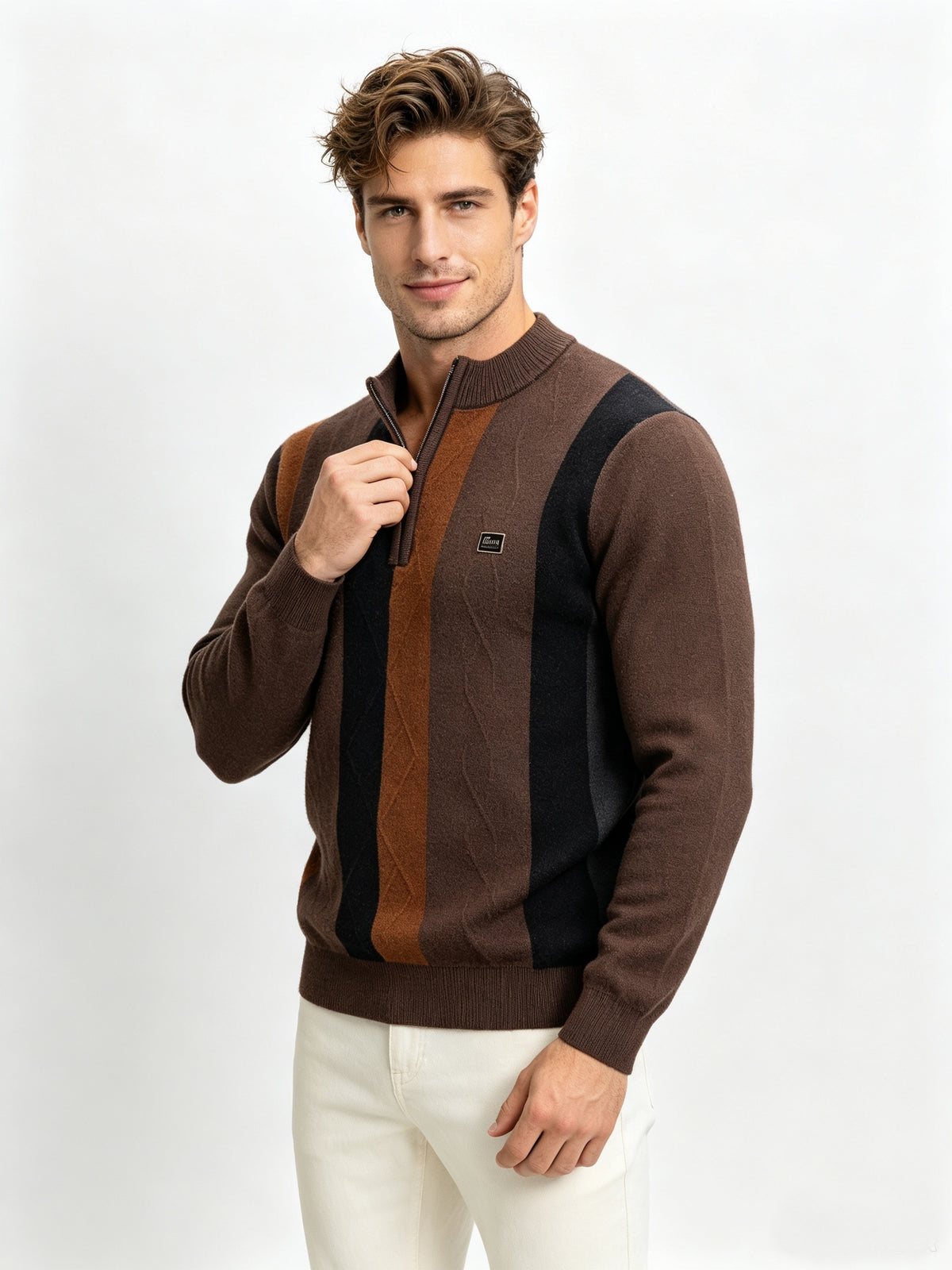 Men's Half-Zip Stand Collar Color-Block Knit Sweater, Cable Textured Pullover, Retro Sporty Fall Winter Top - Dark Brown