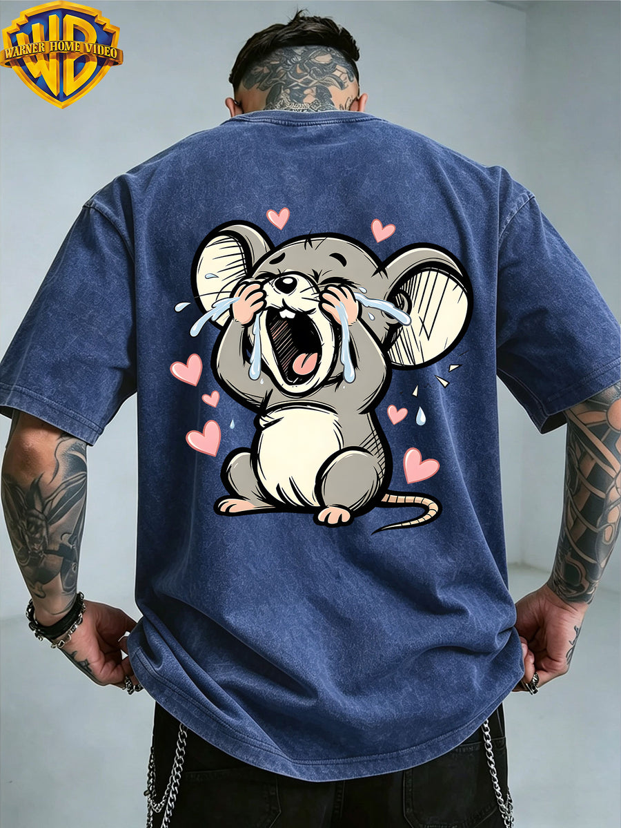 Warner Bros. Officially Authorizes Crying on the Floor with Floating Love Print Washed Outdated Short Sleeve T-shirt for Men and Women, Machine Washable Daily Commuter Outdoor Sports and Leisure Top - Royal Blue