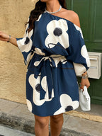 French Vintage Off-Shoulder Dress - Vertical Stripe A-Line Midi Dress with Waist Tie, Half-Sleeve Short Skirt Suitable for Vacation, Commuting, Office, Casual & Elegant Outfits, Loose Fit - Navy Color