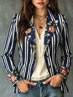 Blue and White Striped Contrast-color Floral Lapel Blazer, Bohemian Style Niche Personality Top, Gavin - Blue And White