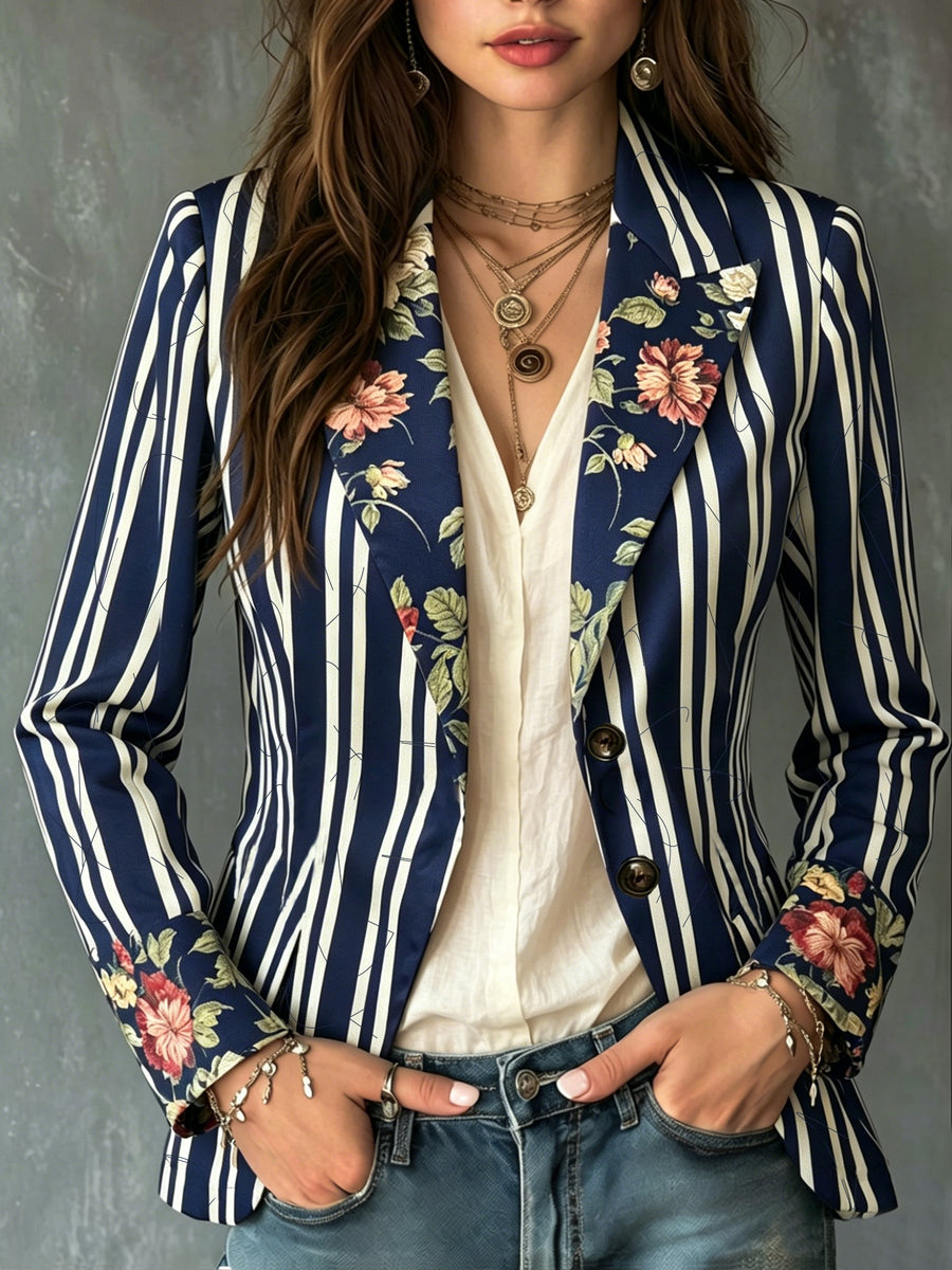 Blue and White Striped Contrast-color Floral Lapel Blazer, Bohemian Style Niche Personality Top, Gavin - Blue And White