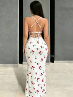 Women's Cherry Print Bodycon Long Camisole Dress, Backless Cross-Strap Long Dress, Summer Slim Fit Dress Suitable for Vacation, Beach, and Parties - Multicolor