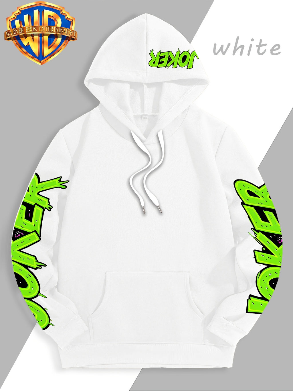 Authorized by Warner Bros., Featuring Colorful Graffiti And Ink Splattered Joker JOKER Poker Prints, Hat Design Patterns, Versatile Street Style Men'S Hooded Sweatshirt, Comfortable And Casual, Suitable for Autumn And Winter Wear - White