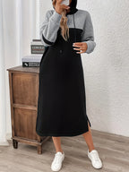 Elegant Color-Blocked Hooded Long-Sleeve Dress for Women - Multicolor A