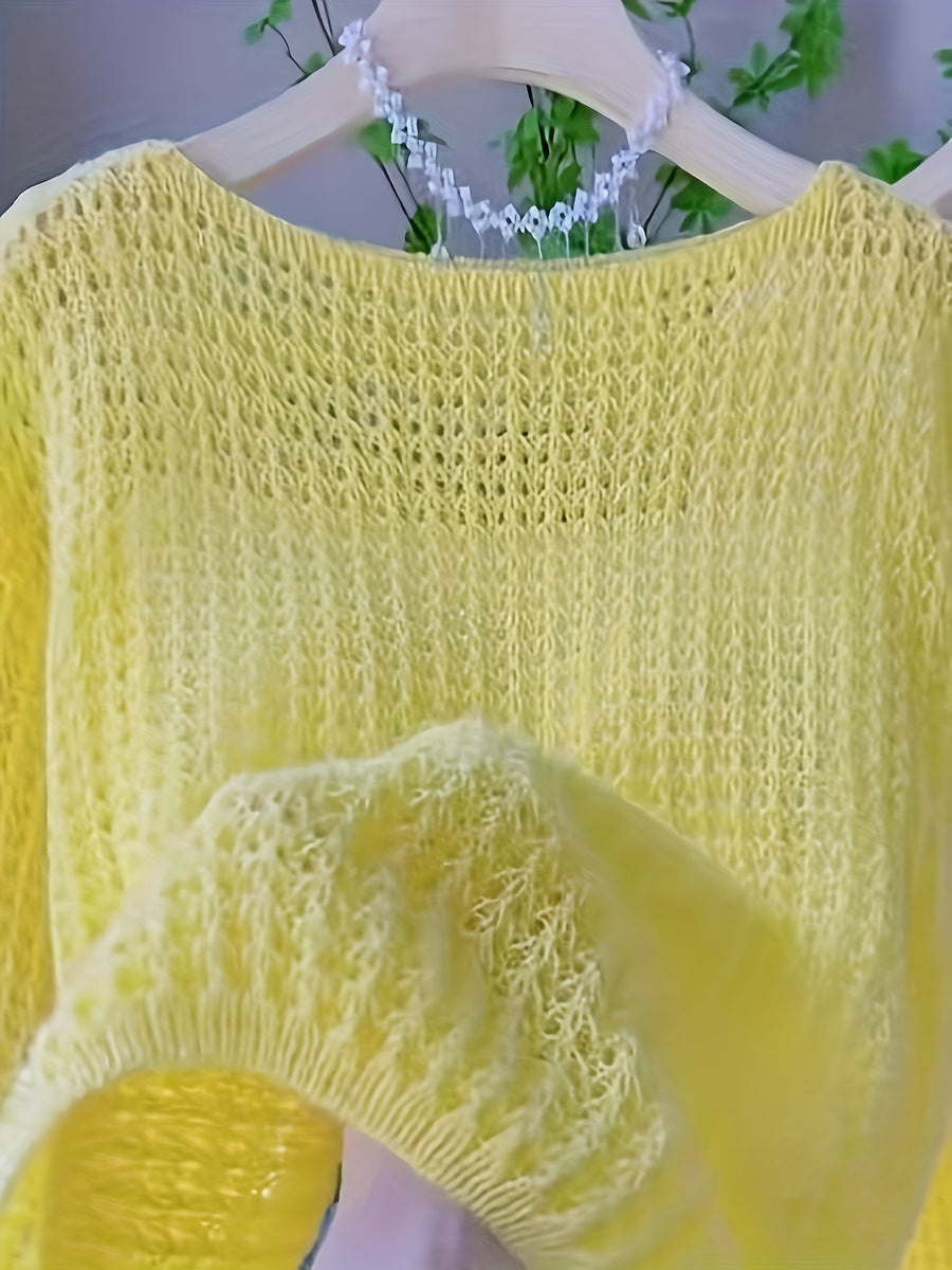 Women's New Spring/Summer Hollow-Out Solid Color One-Shoulder Pullover Knitwear, Casual Style Outer Cover-Up Shirt - Yellow