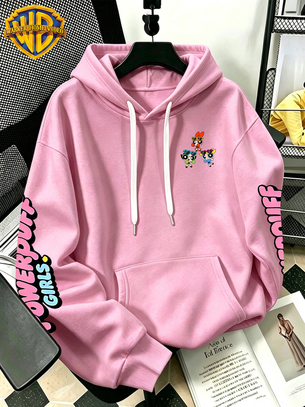 [Warner Bros] Officially Licensed Cute Powerpuff Heart Pattern Print Hoodie - Men'S Fashion Sweatshirt, Adjustable Drawstring Loose Comfortable Hoodie, Suitable for Daily And Outdoor Wear, Perfect Choice for Warmth in Autumn And Winter! Unisex - Pink Color