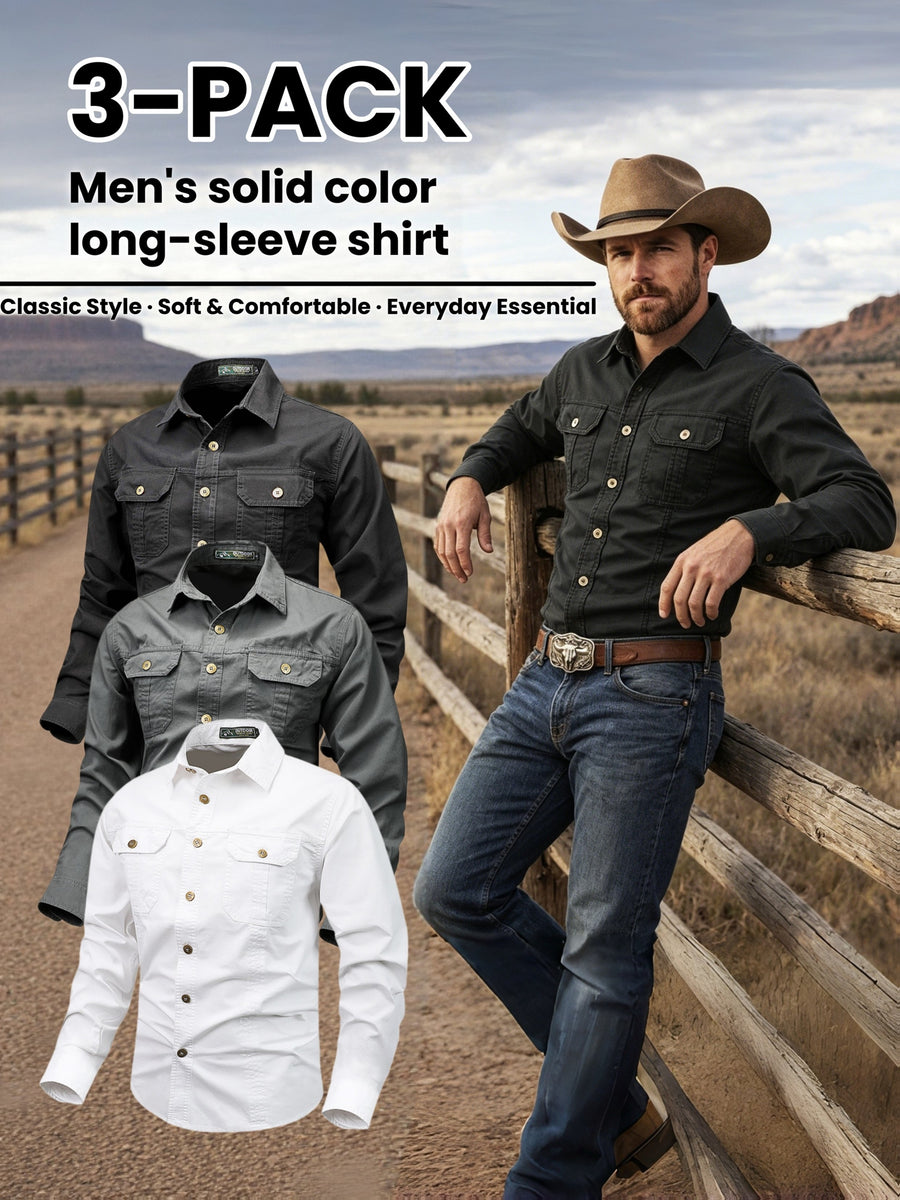 Men'S 3pcs Set of Solid Color Long-Sleeve Work Shirts, Double-Pocket Practical Western Style Shirts, Suitable for Outdoor, Construction Site, Commuting And Various Indoor/Outdoor Scenarios, Autumn Menswear - black+gray+white