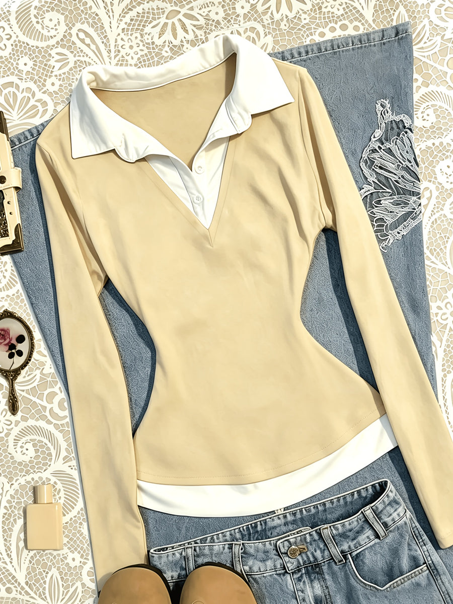 Elegant Women's Long-sleeve Lapel Shirt, Faux 2pcs Design with a Slim-fitting Waist, Casual Top Versatile for Daily Office and Outdoor Wear, a Back-to- Essential, a Premium Birthday Gift for Women - Apricot