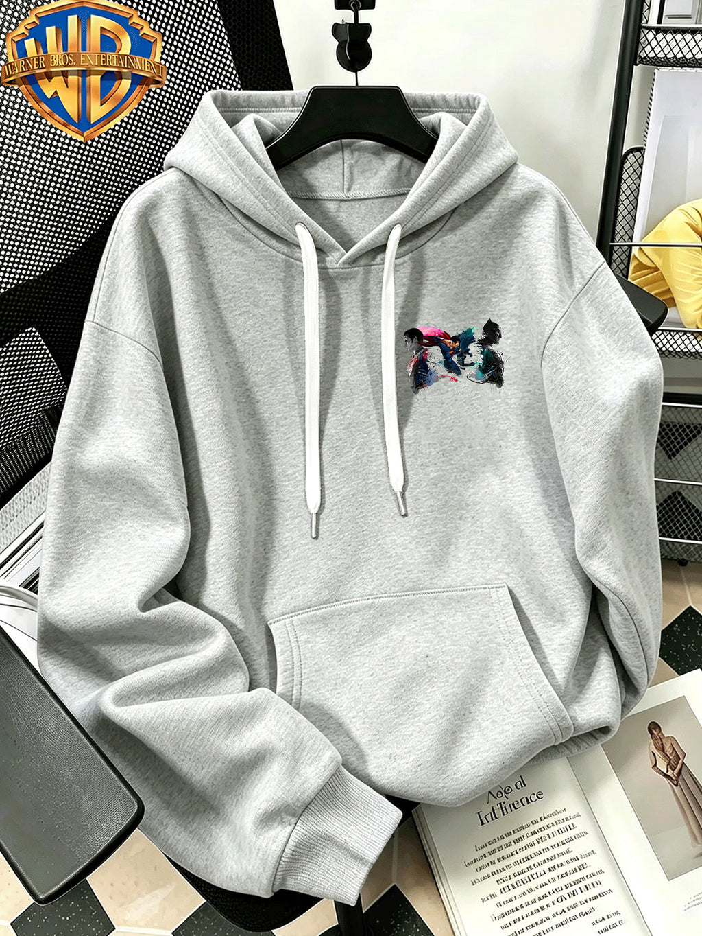 Autumn Winter Trendy Fashion Drawstring Pocket Hooded Men'S Sweatshirt, Ink Splatter Superman Batman Cool Print Design, Sporty Casual Loose Hoodie, Casual Wear for Daily Life, Trendy Style For, Suitable for Home And Outings, Unisex - Light Grey