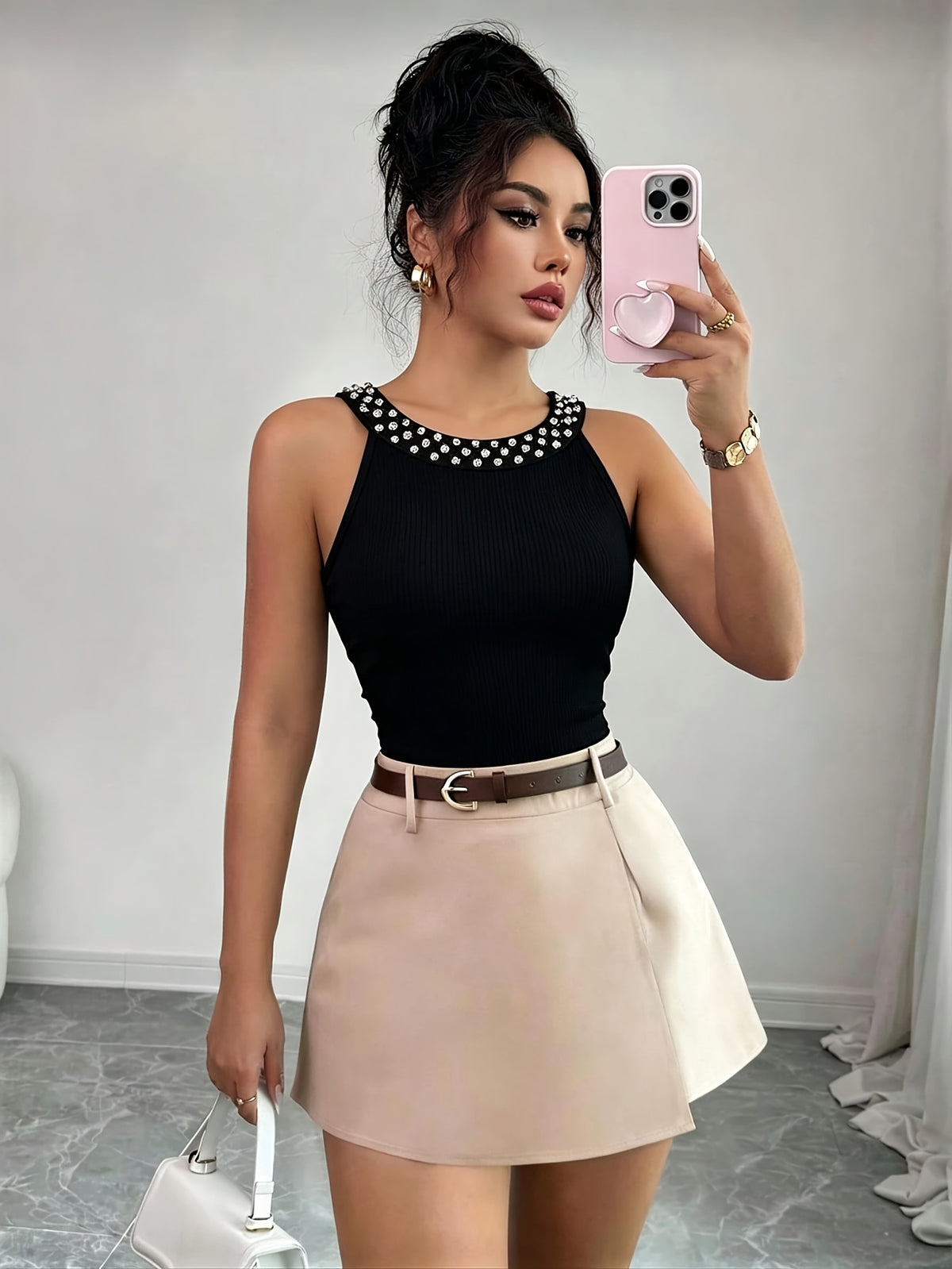 Women'S Tank Top And Camisole, French Summer Sexy Fitted Round Neck with Beading - Black