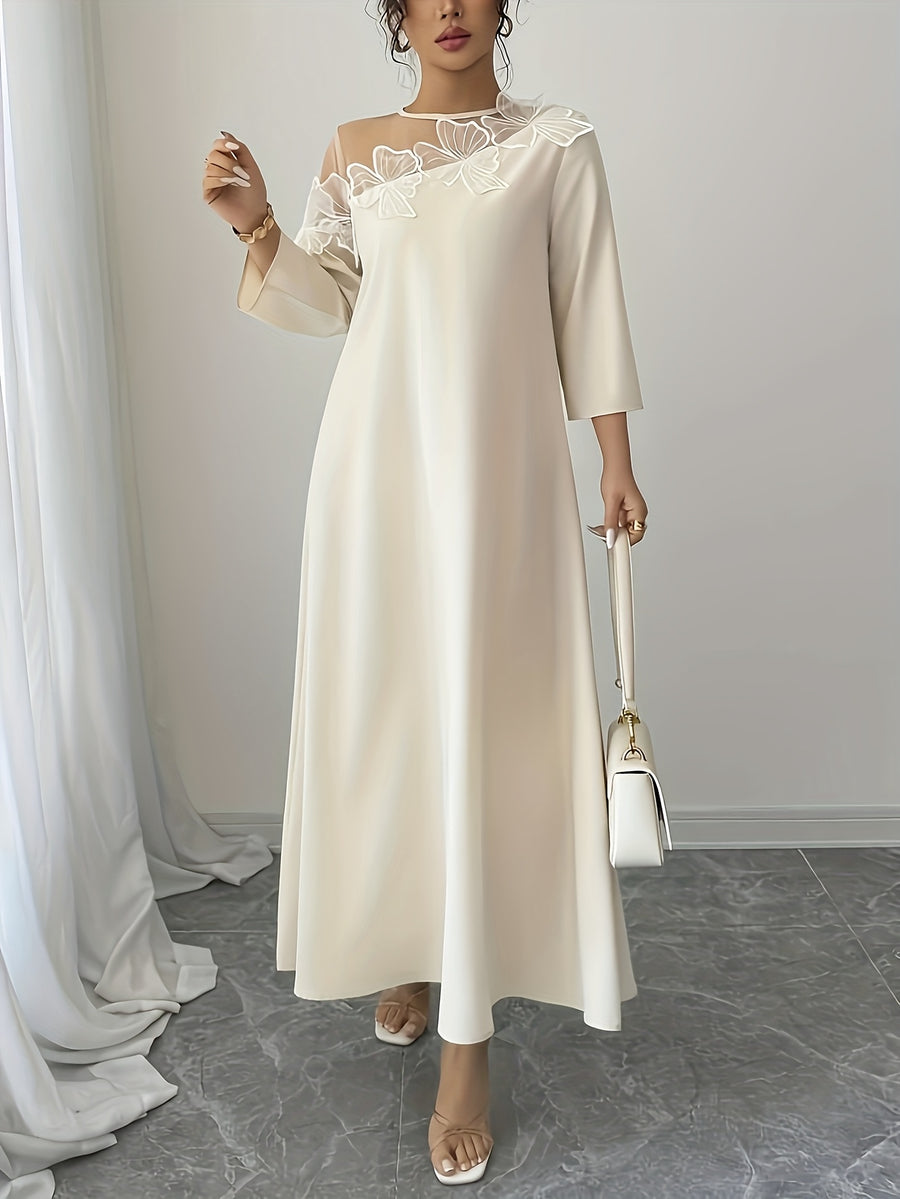 BK0629041 Targeted Elegant Special Spring/Autumn Women's Three-Quarter Sleeve Loose Dress, Round Neck Solid Color Long Dress, Sheer Mesh with Floral Embroidery, Asymmetrical Design, Floral Embroidery Adds Romantic Touch, Straight Cut Fits All Body - Apricot