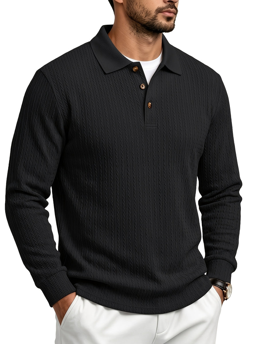 Spring/Autumn Men'S Long Sleeve Polo Shirt, High-Elastic Textured Vertical Rib Jacquard Collar T-Shirt, Business Casual Slim Fit Versatile Solid Color Pullover Top - Space Black